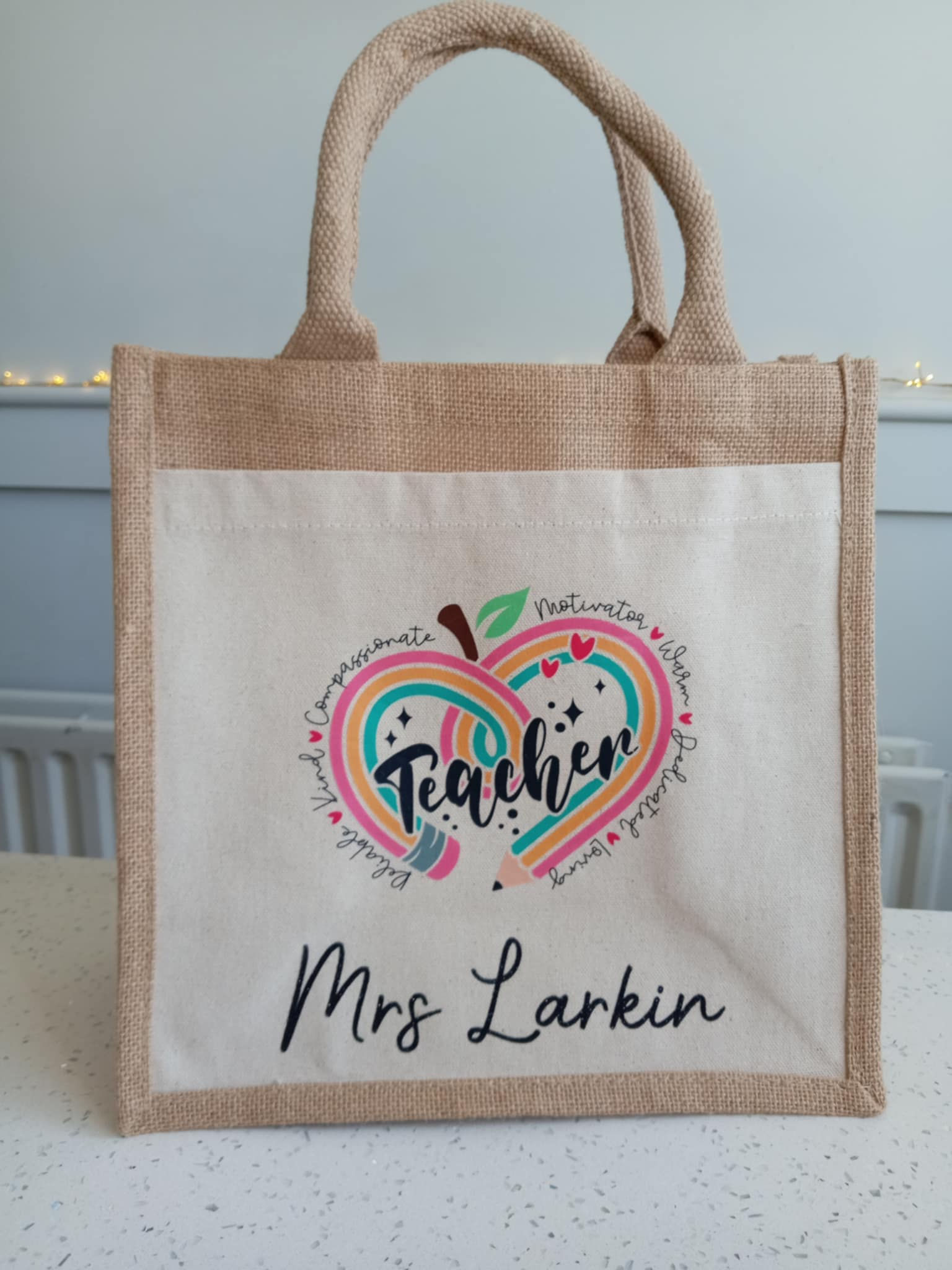 Teacher Gift Large Jute TOTE Bag 30cm + ADD NAME for FREE