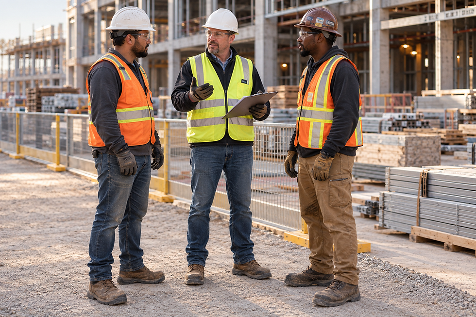 Construction crew in hard hats and safety vests at a morning safety briefing on a job site