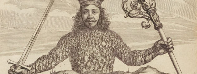 The cover of Thomas Hobbes' book "Leviathan" - a drawing of the king looming like a giant over a hilly landscape. He has a crown on his head and a sword and a sceptre in his hands. His body is filled with tiny people.