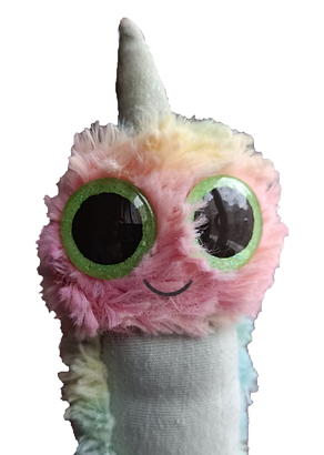 multicolored plushie unicorn worm with green eyes
