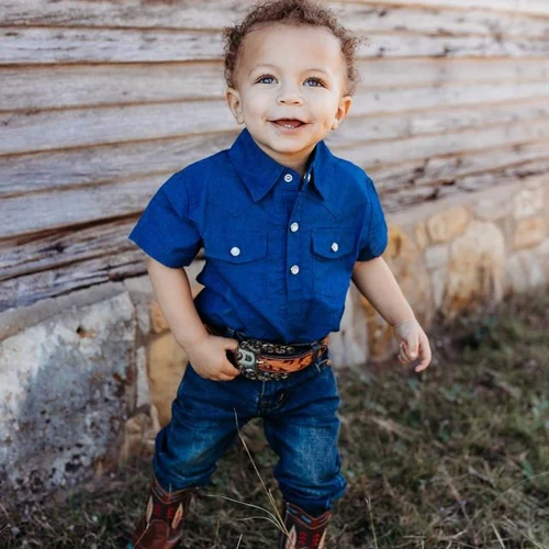 Dark Denim SS Pearl Snap Onesie BOY08 | coles-general-store