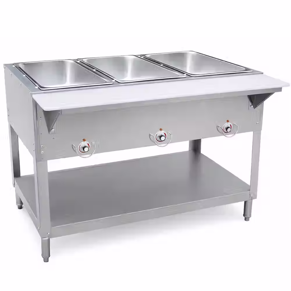 44" Three Well Electric Hot Food Steam Table with Undershelf, 120V