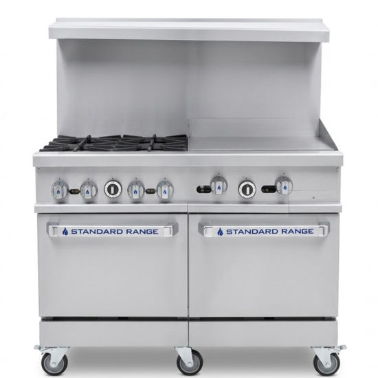48" Natural Gas Commercial Range with 4 Burners, 24" Griddle Top, 2 Ovens