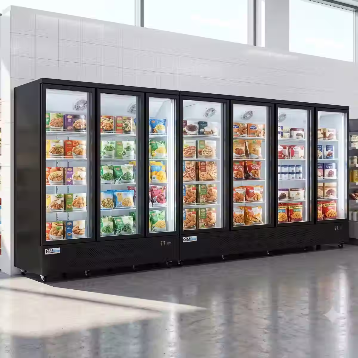 172" Seven Glass Door Merchandiser Freezer with LED Lighting, Black