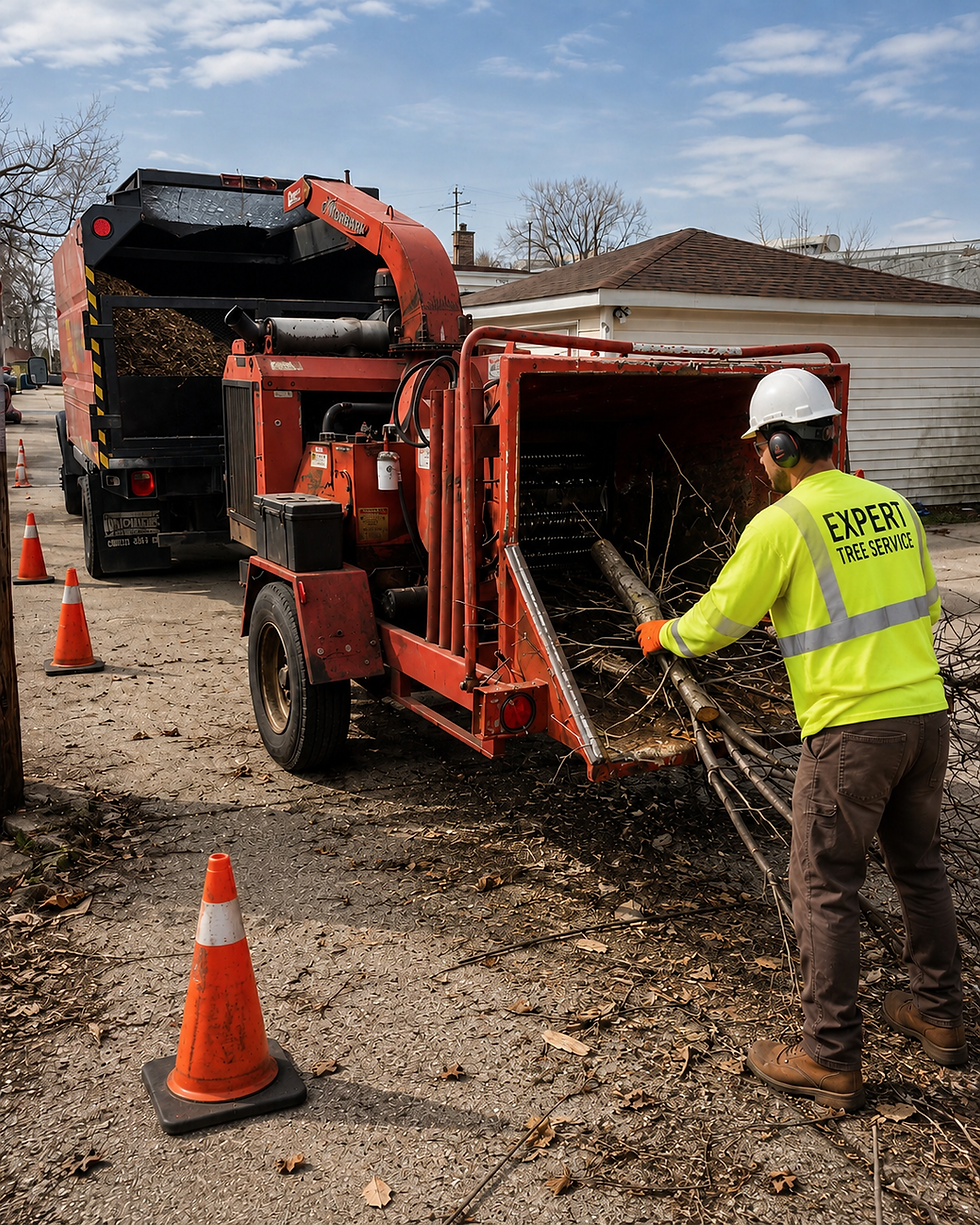 Tree service worker feeding branches into a wood chipper in Chicago