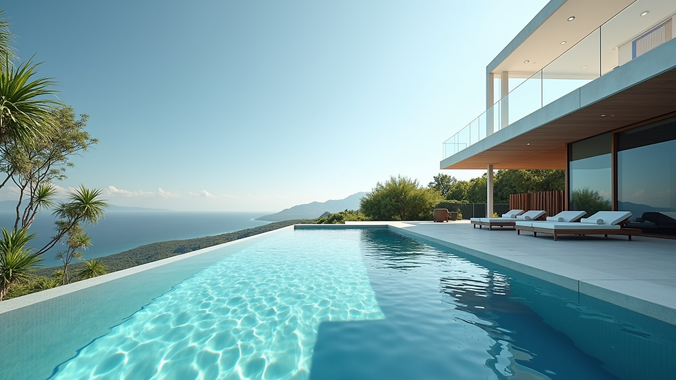 Eye-level view of a luxurious modern villa with a swimming pool