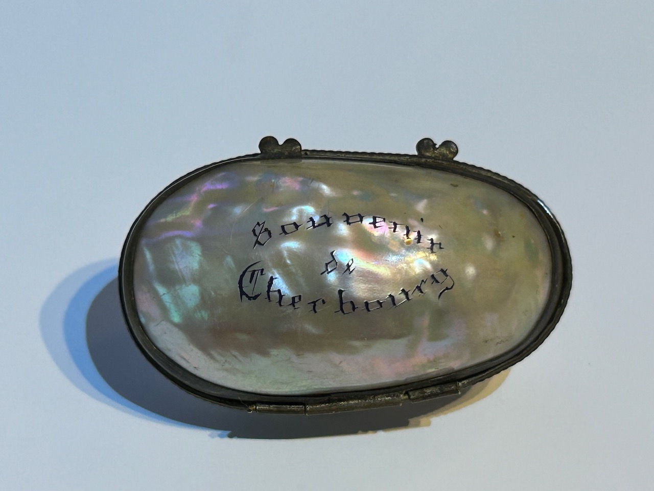 Antique Mother of Pearl Souvenir of Cherbourg Egg Shaped Trinket Box
