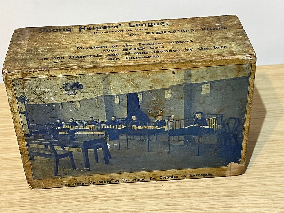 Thumbnail: Antique Barnardo's Young Helpers League Wooden Collection Box Close