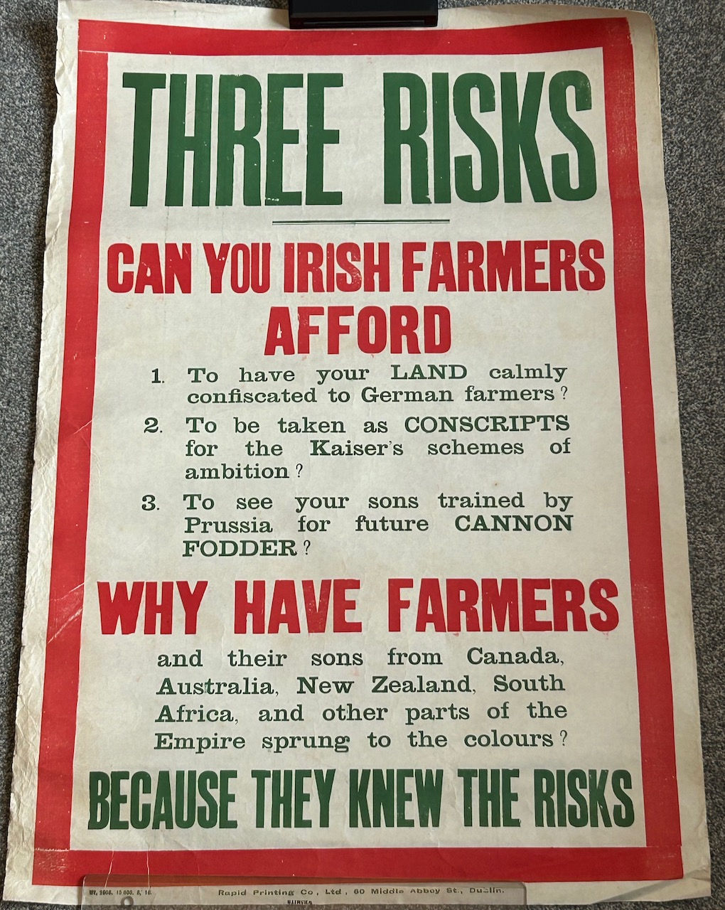 Original WW1 Recruitment Poster Three Risks Can You Irish Farmers Afford