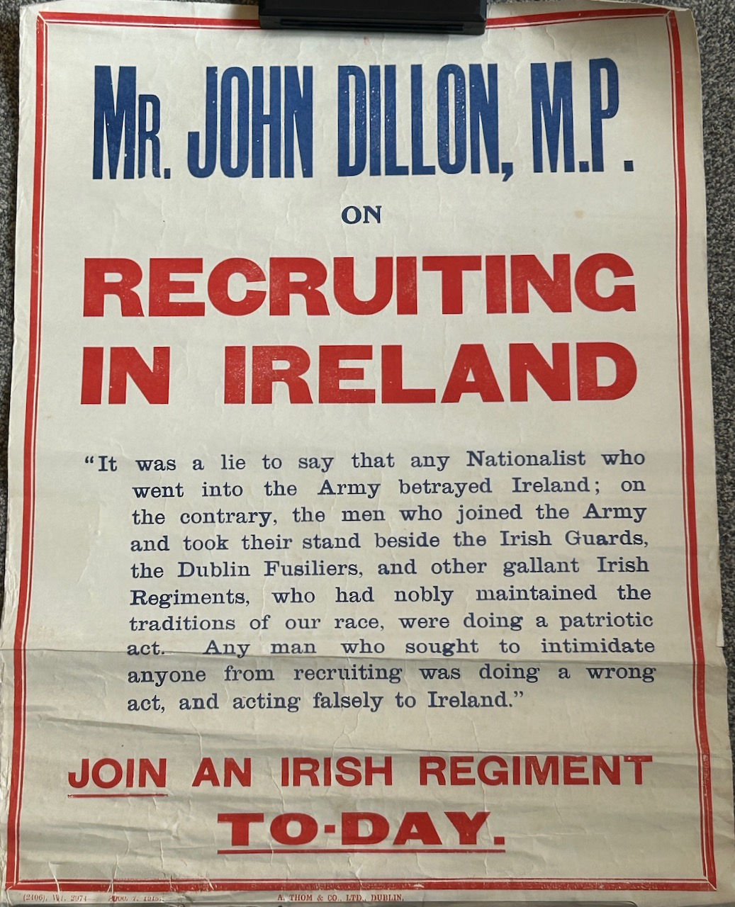 WW1 Poster John Dillon MP on Recruitment in Ireland