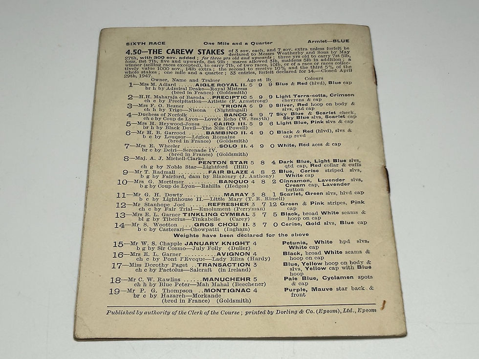 Thumbnail: Original 1947 Epsom Derby Racecard Back
