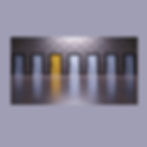 A series of six doors, one yellow and five gray, on a patterned wall. Reflection on a shiny wooden floor enhances a mysterious mood.