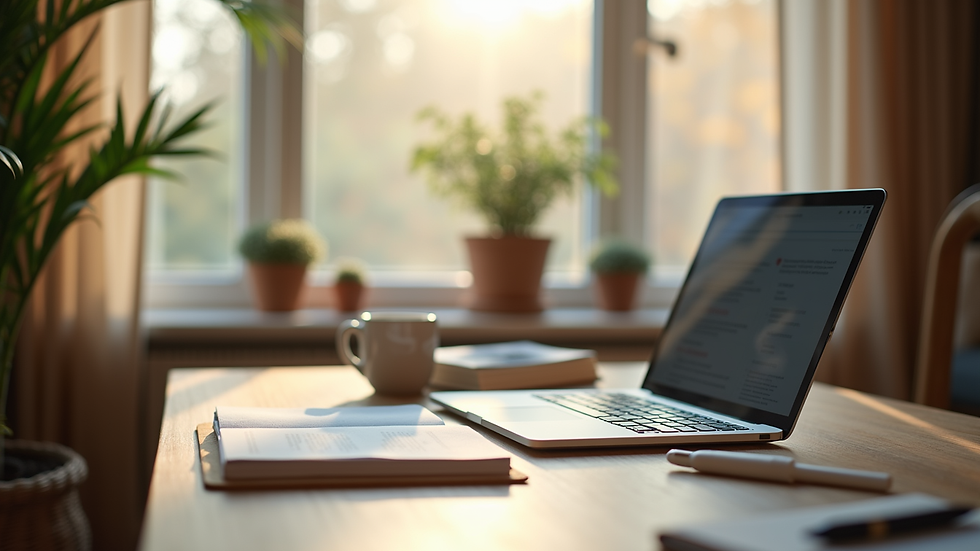 Close-up view of a cozy home office setup for online therapy