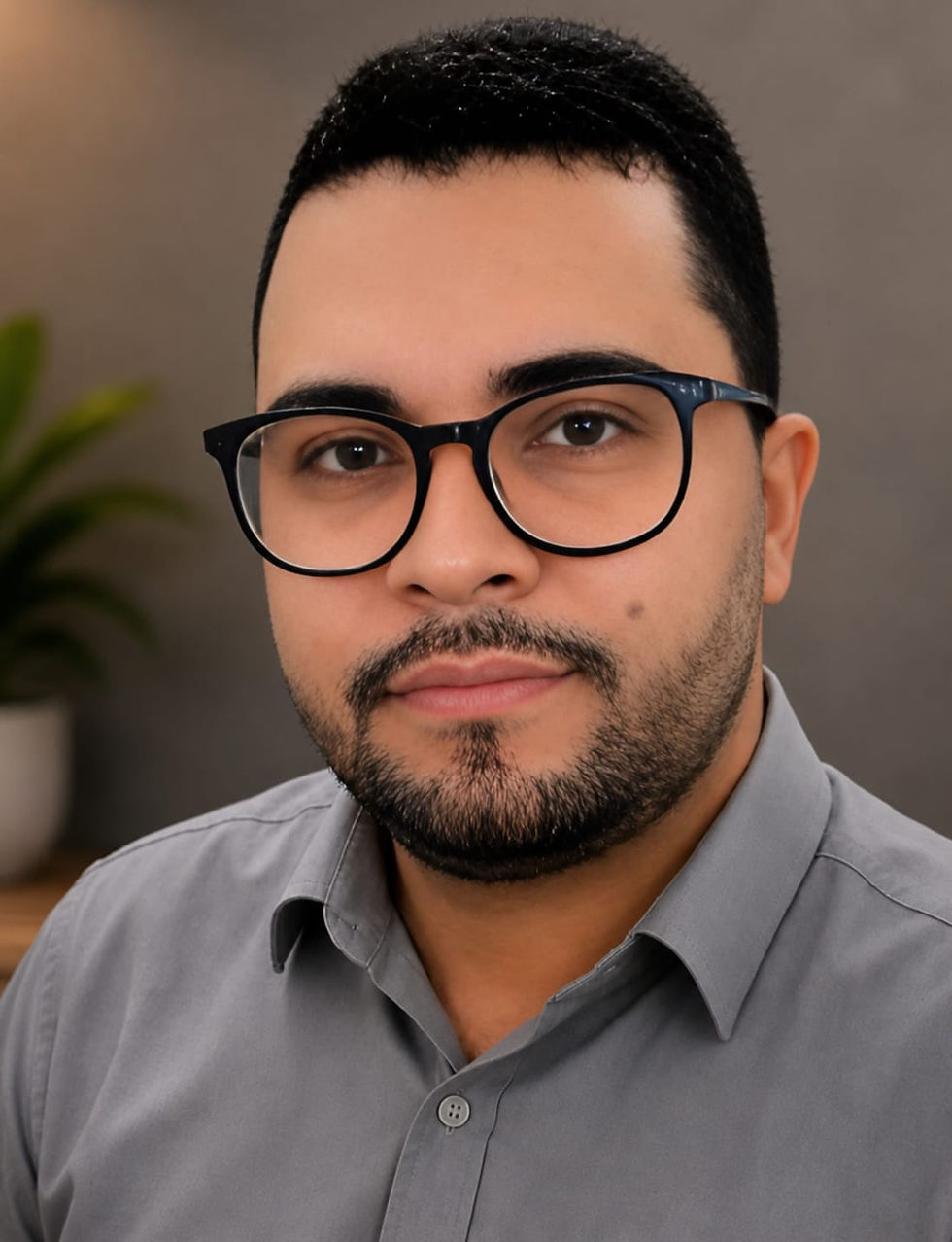 homem de óculos com barba, camisa social cinza, fundo desfocado com planta, retrato em close, formato retrato