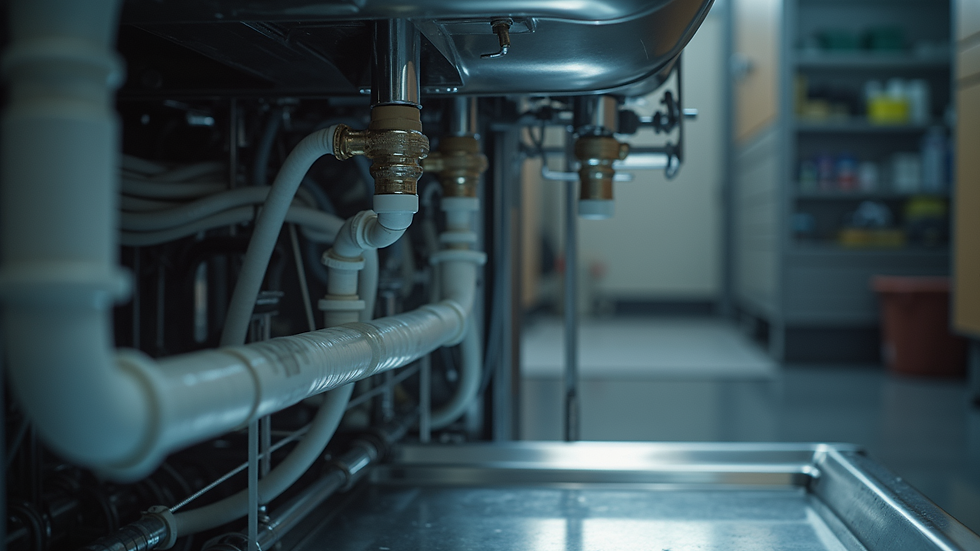 Eye-level view of dishwasher hoses and connections under the sink