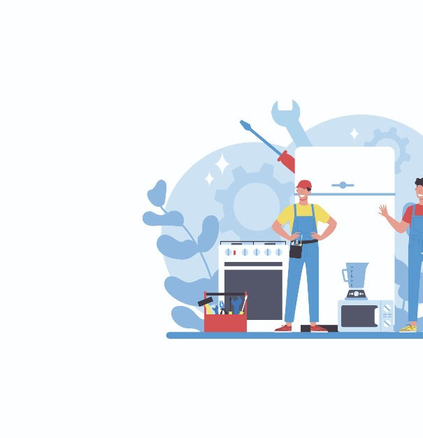 appliance repair person standing neer different home appliances