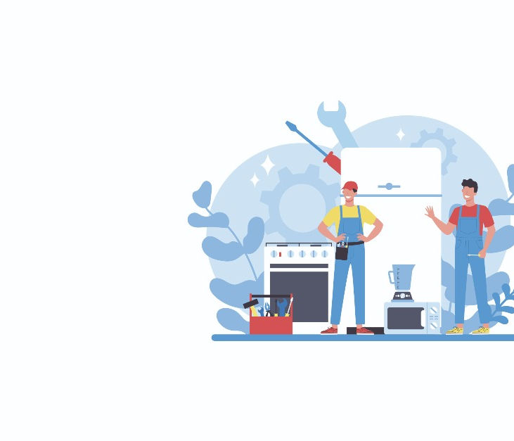 appliance repair person standing neer different home appliances