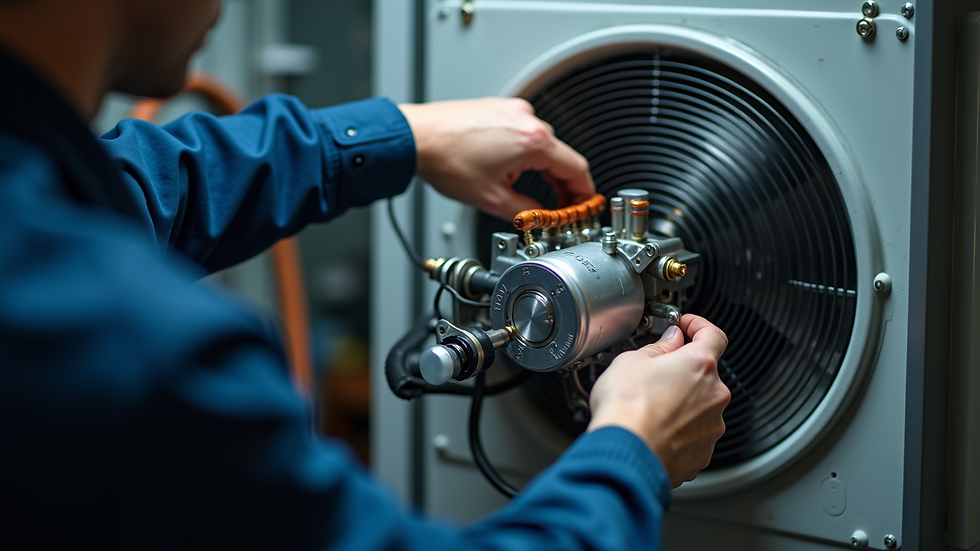 Close-up view of a technician's hands repairing a refrigerator compressor