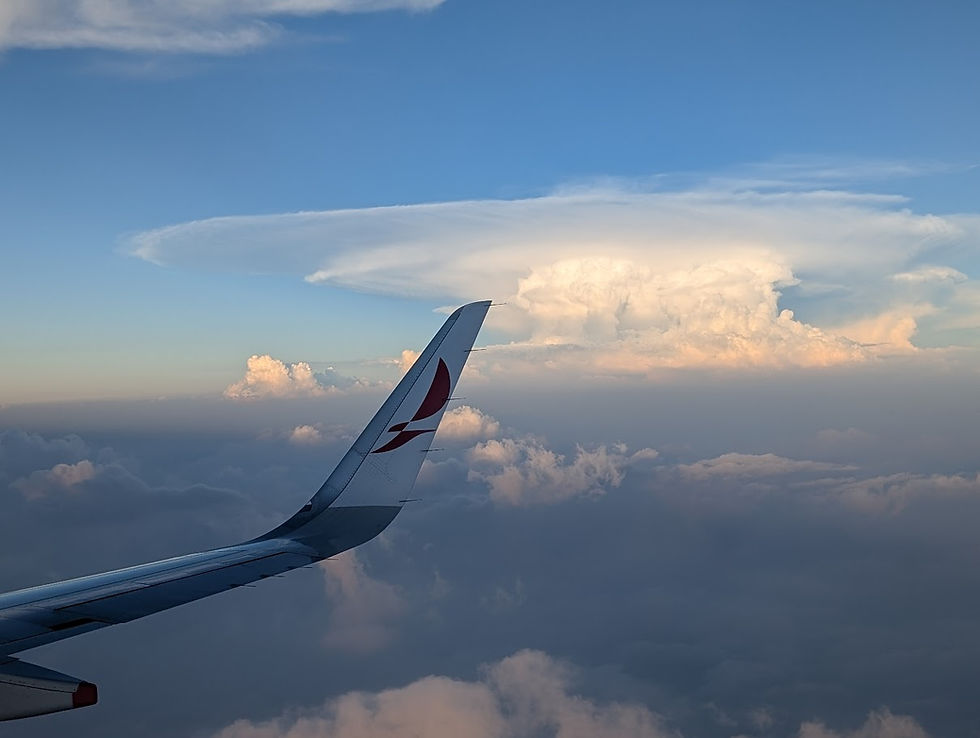 Aeroplane wing in the sky with clouds