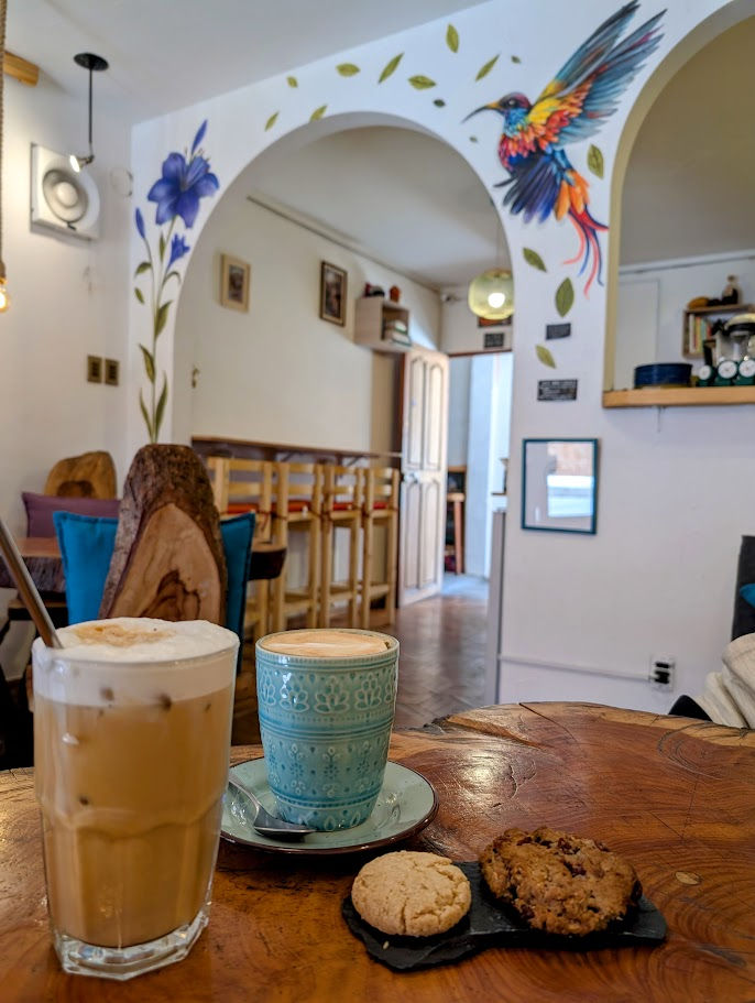 2 coffees and 2 cookies in a shop with paintings of birds and flowers