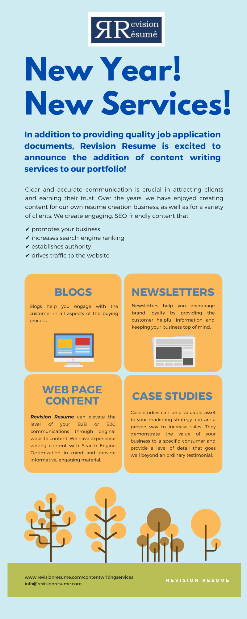 Inforgraphic showing: In addition to providing quality job application documents, Revision Resume is excited to announce the addition of content writing services to our portfolio including blogs, newsletters, web page content, case studies and more!