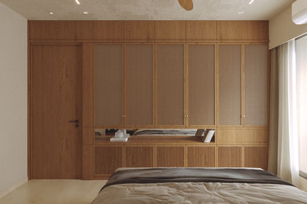 Wooden bedroom interior with built-in wardrobe, bed, and decorative ceiling fan.