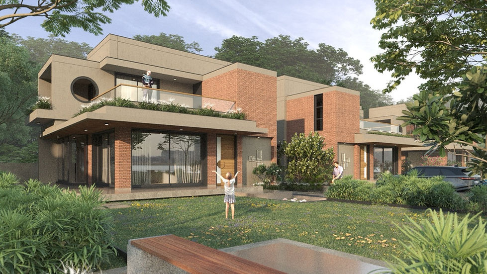 Modern home exterior with family in front, landscaped yard, and surrounding trees.