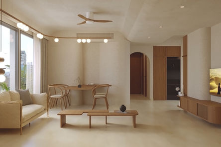 Modern living room with wooden furniture and neutral tones, beautiful design.