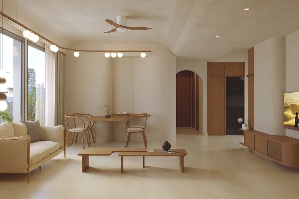 Modern living room with wooden furniture and neutral tones, beautiful design.