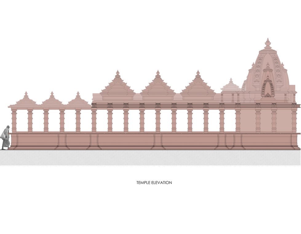 Temple elevation sketch with repeating columns and detailed roof structures.