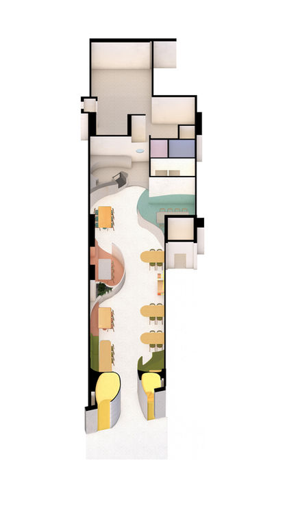 Overhead view of a restaurant layout with tables and seating arrangement.