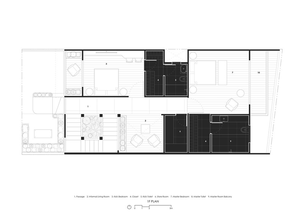 Overhead architectural drawing of a building floor plan with interior rooms labeled.