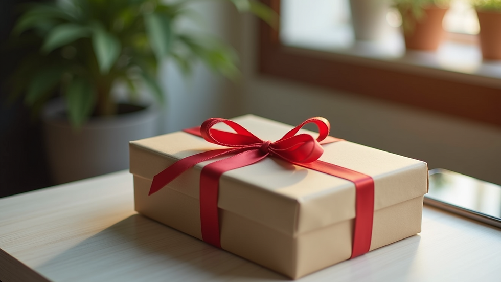Eye-level view of a beautifully wrapped gift box with a ribbon on an office desk