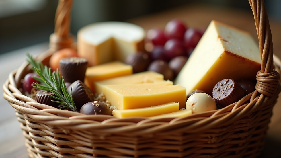 Close-up view of a gourmet gift basket filled with assorted cheeses and chocolates
