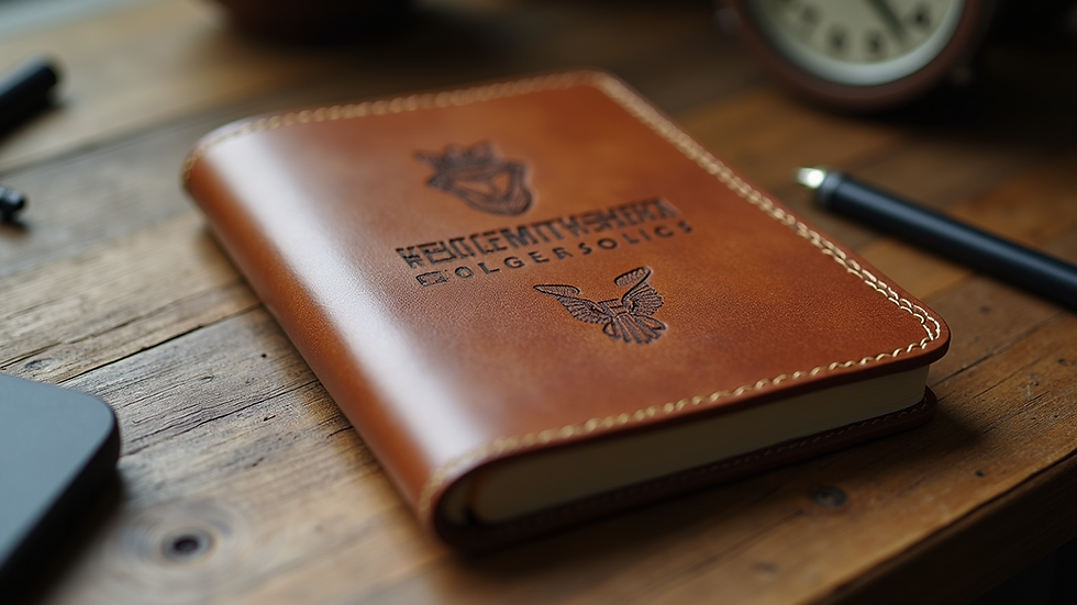 Eye-level view of a custom engraved leather notebook on a wooden desk