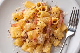 Rigatoni alla Carbonara: Vintage pasta dish and L'Angeletto customer favorite: rigatoni, egg, pecorina romano cheese and smoked pancetta. Brunch & Dinner.