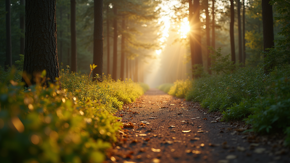 Eye-level view of a serene forest path in the morning light