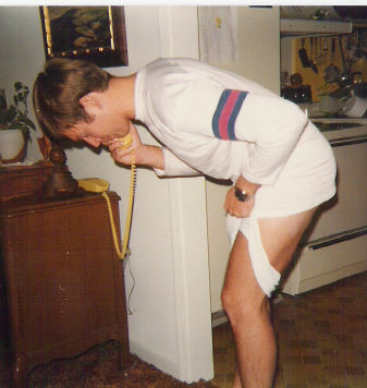 Caught off guard during a long-distance phone call to mom, the result of a playful roommate prank.