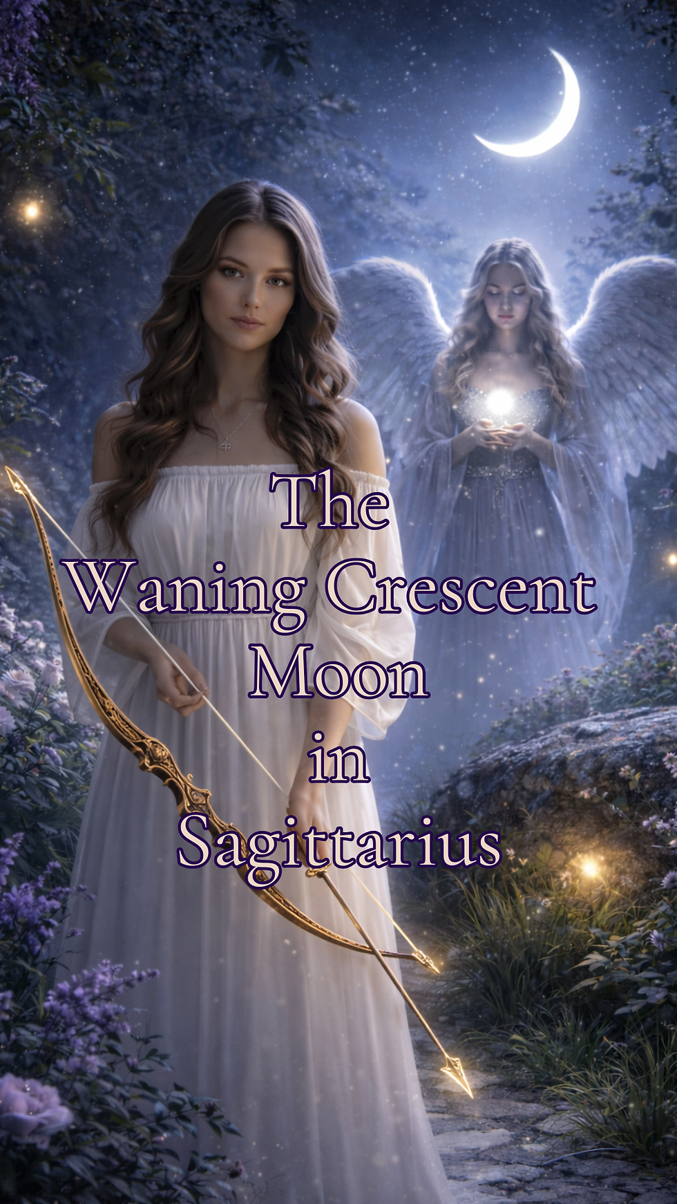 A mystical serene woman standing in a moonlit garden under a waning crescent moon in Sagittarius. She is holding a bow in one hand and an arrow in the other, symbolizing The Sagittarius Archer of intention, vision, and spiritual direction. Behind her, a luminous angel radiates divine guidance, representing Archangel Haniel. Surrounded by purple flowers and celestial light, the image reflects themes of emotional healing, intuitive clarity, shadow work, spiritual awakening, and sacred feminine empowerment. This artwork supports offerings in intuitive mentorship, energy healing, emotional release, soul integration, and lunar ritual guidance.