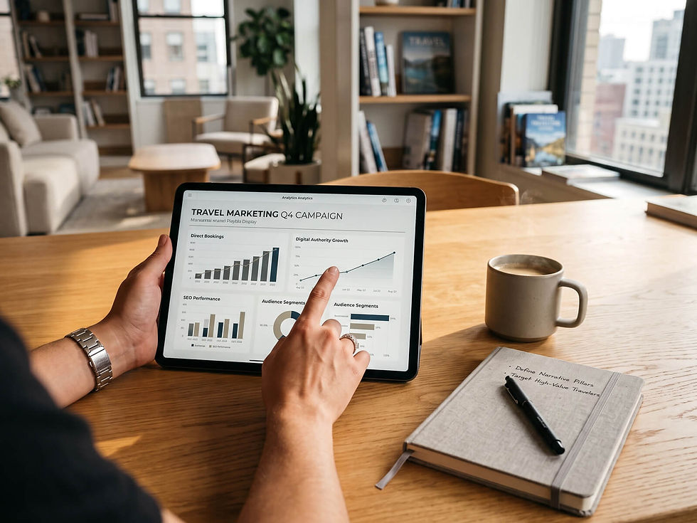 Marketer pointing at travel marketing campaign analytics and growth charts on a tablet screen.