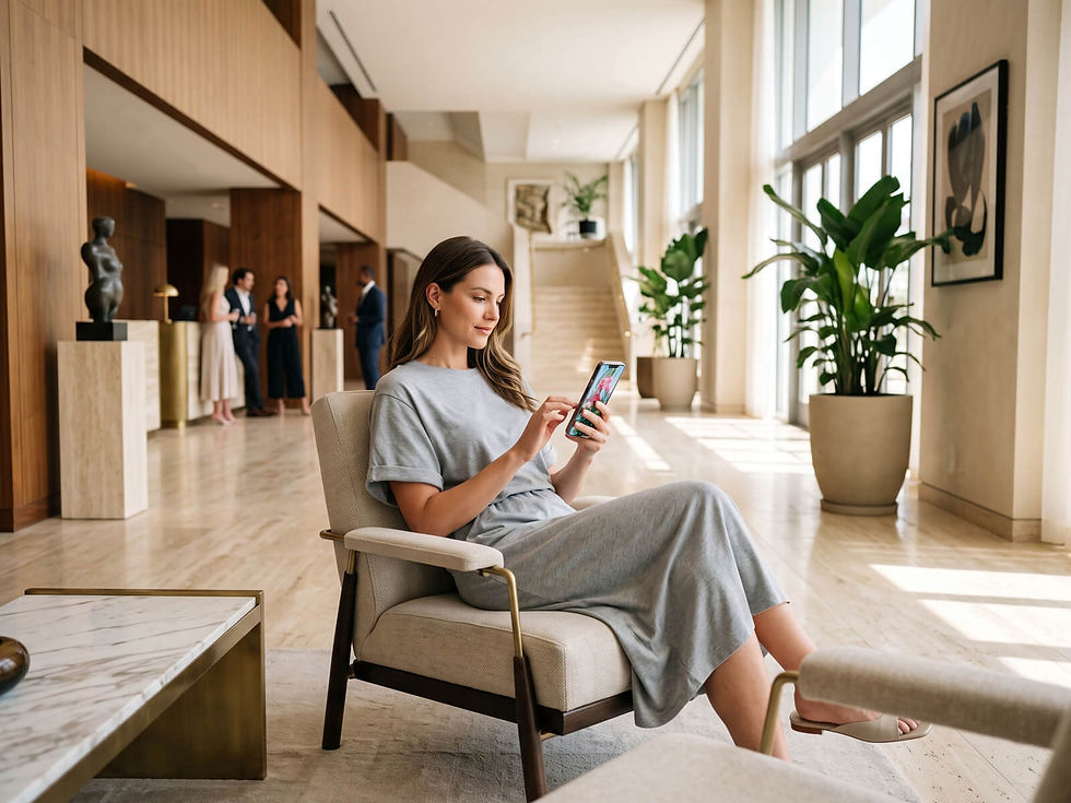 Woman using a smartphone while sitting in an armchair in a hotel lobby.