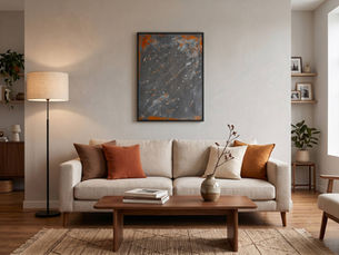 Cozy modern living room with beige sofa, orange pillows, floor lamp, abstract wall art, wood coffee table, and warm natural light. Header image related to the blog post "A Curated Guide to Grounding Your Living Room with Intentional Art"