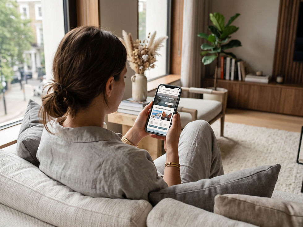 Woman lounging on a sofa browsing a travel agency website on her smartphone.