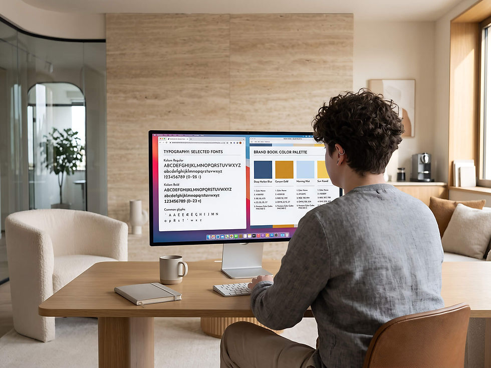 Designer working on a desktop computer creating typography guidelines and a brand color palette for a brand book.