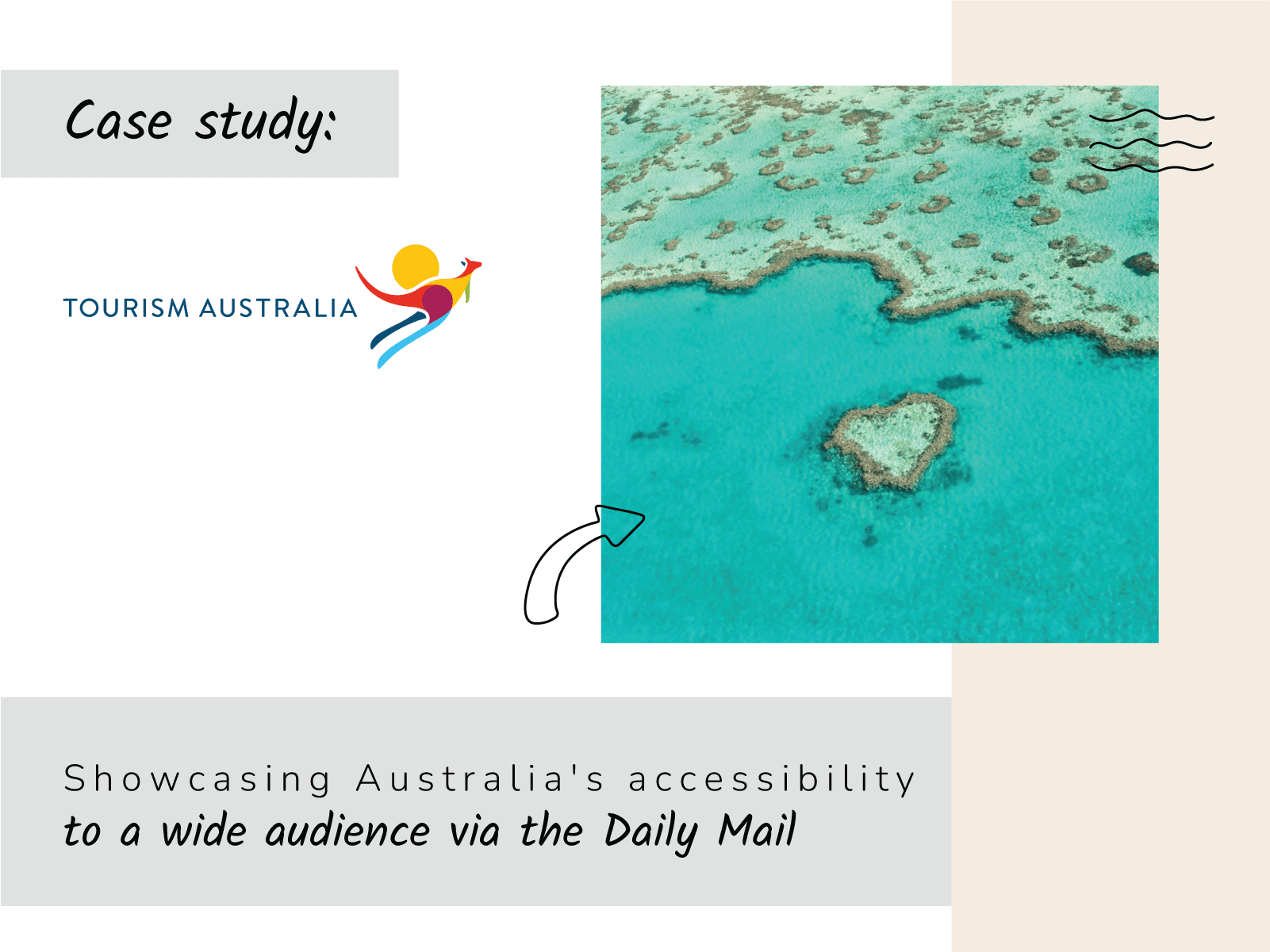 A marketing case study for Tourism Australia. The logo is a stylized sun with a human figure. On the right is an aerial photo of a turquoise ocean with the Great Barrier Reef in the shape of a heart. The title below reads: "Showcasing Australia's accessibility to a wide audience via the Daily Mail."
