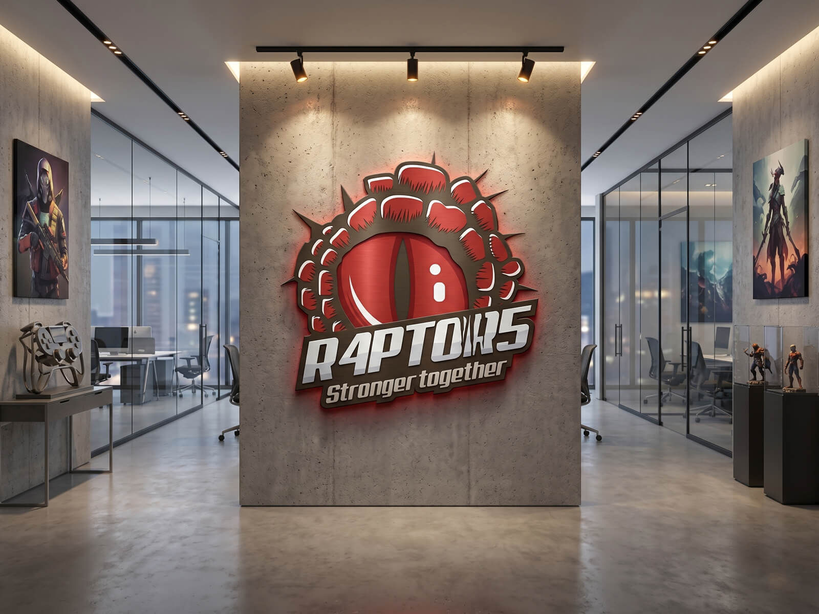 Aggressive red reptilian eye logo for R4PTOR5 with "Stronger Together" tagline in a modern gaming or esports studio.