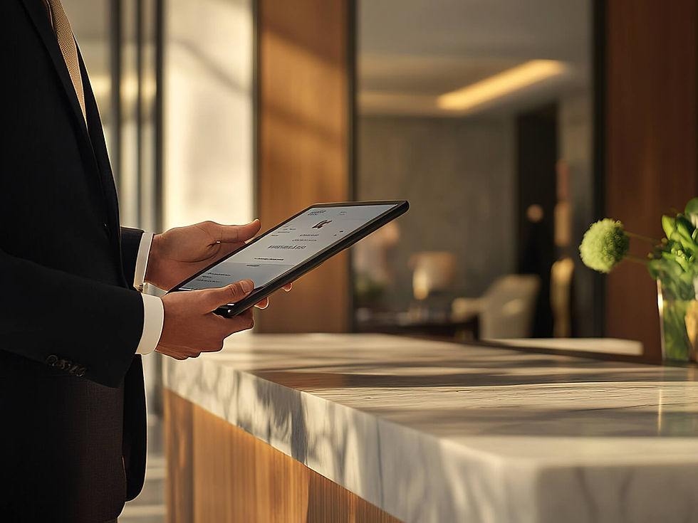 Person in a suit holding a tablet in a modern, warmly-lit interior with marble counter and plants, creating a professional atmosphere.