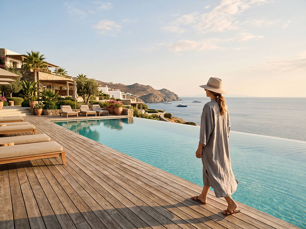 Woman in sun hat walks beside an infinity pool at a luxury seaside resort, overlooking calm blue sea, cliffs, and yachts.
