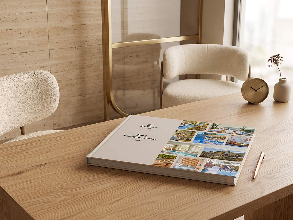 A printed Brand Messaging Strategy portfolio book resting on a modern wooden office desk.