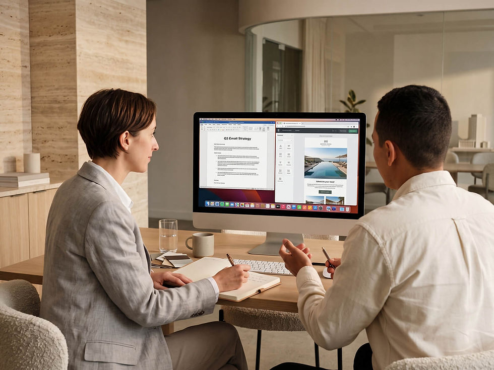 Marketing team reviewing a Q3 email strategy document and hotel newsletter template on a desktop monitor.